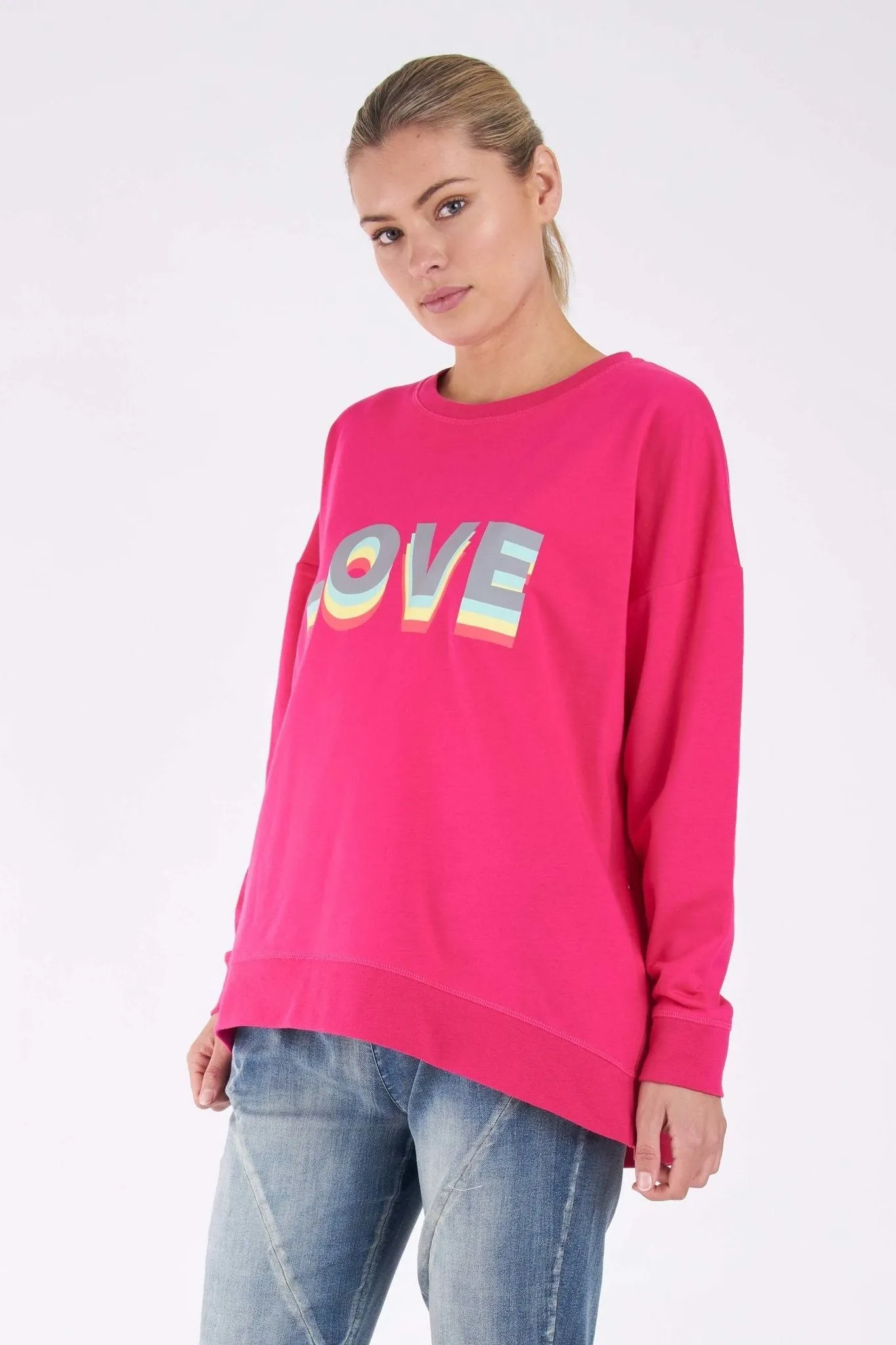 Betty Basics Poppy Sweater in Fuchsia with Love Print