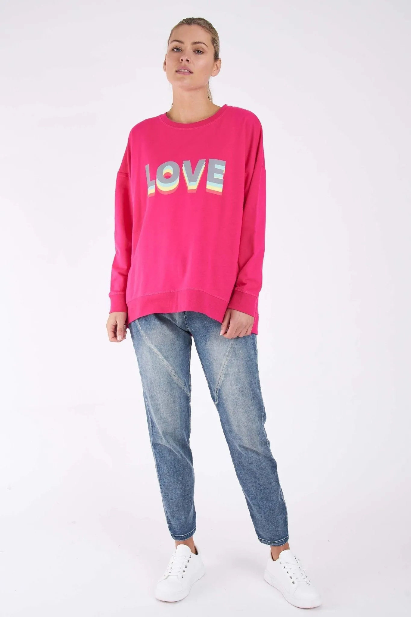 Betty Basics Poppy Sweater in Fuchsia with Love Print