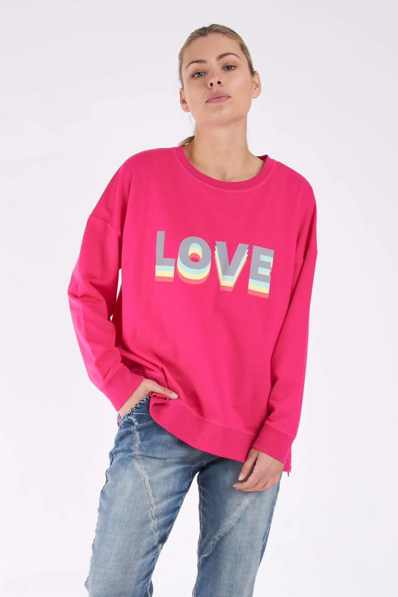 Betty Basics Poppy Sweater in Fuchsia with Love Print