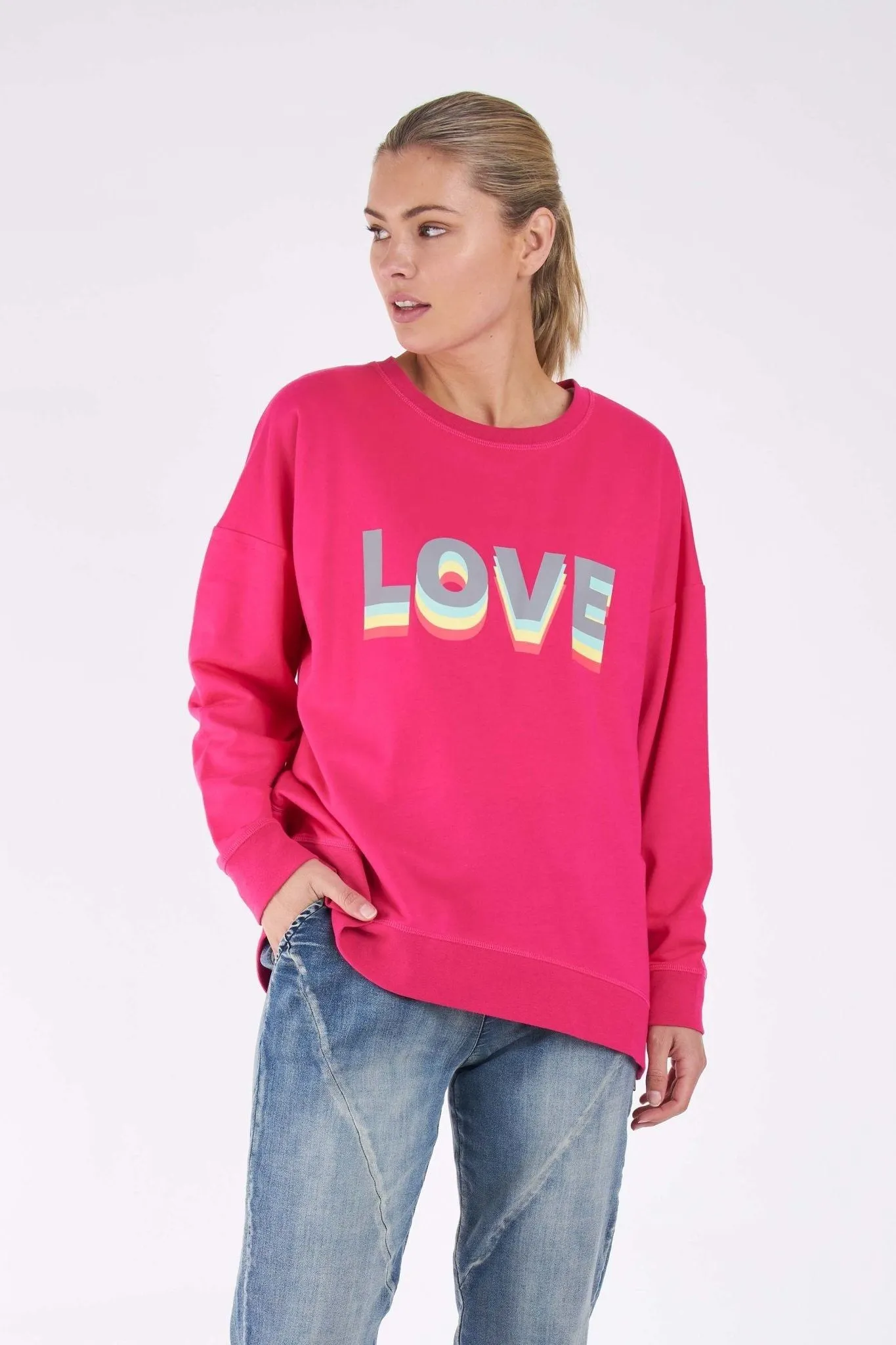 Betty Basics Poppy Sweater in Fuchsia with Love Print