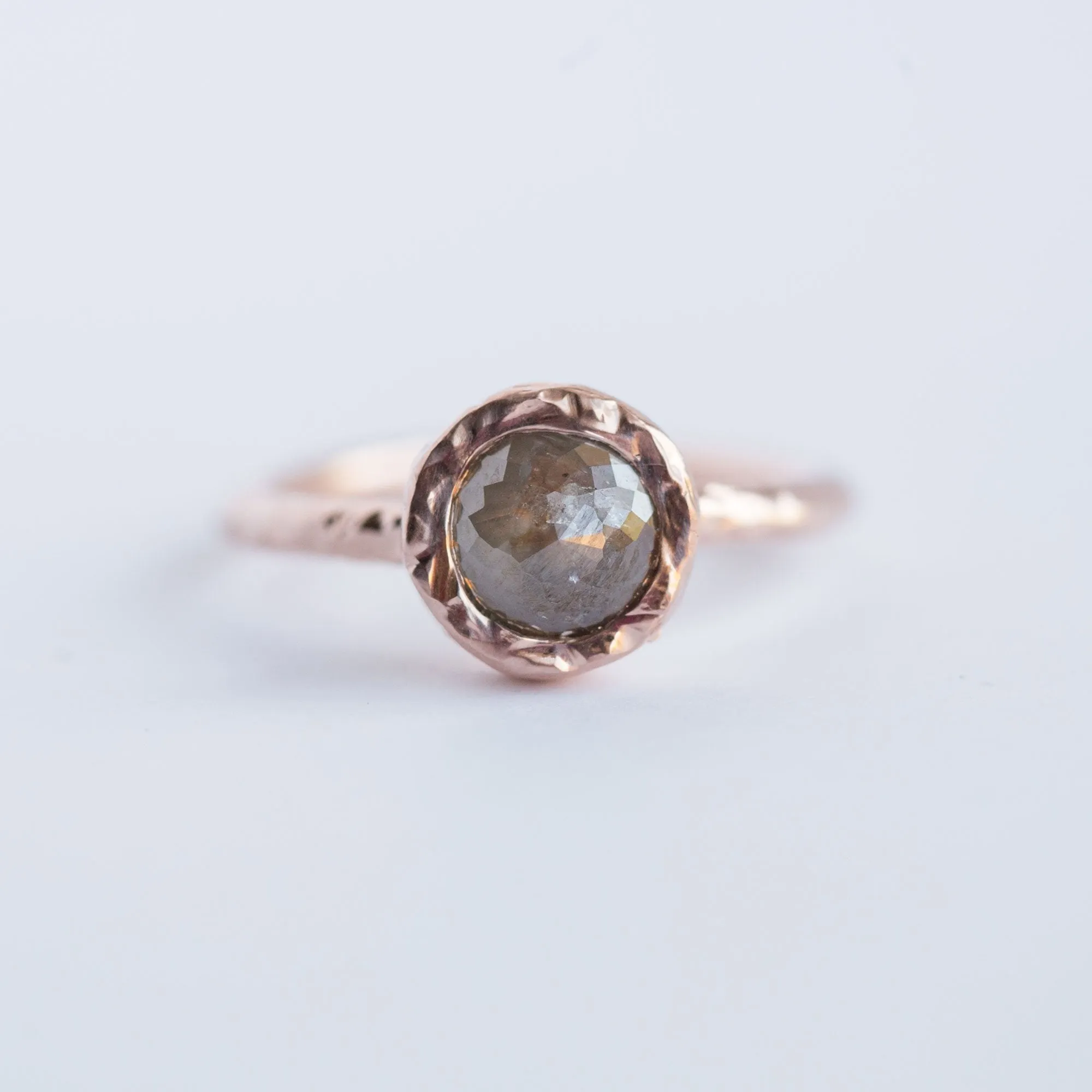 Bezel Rosecut Grey Diamond Ring in Reclaimed Rose Gold, Hand Carved – Alternative Engagement Ring