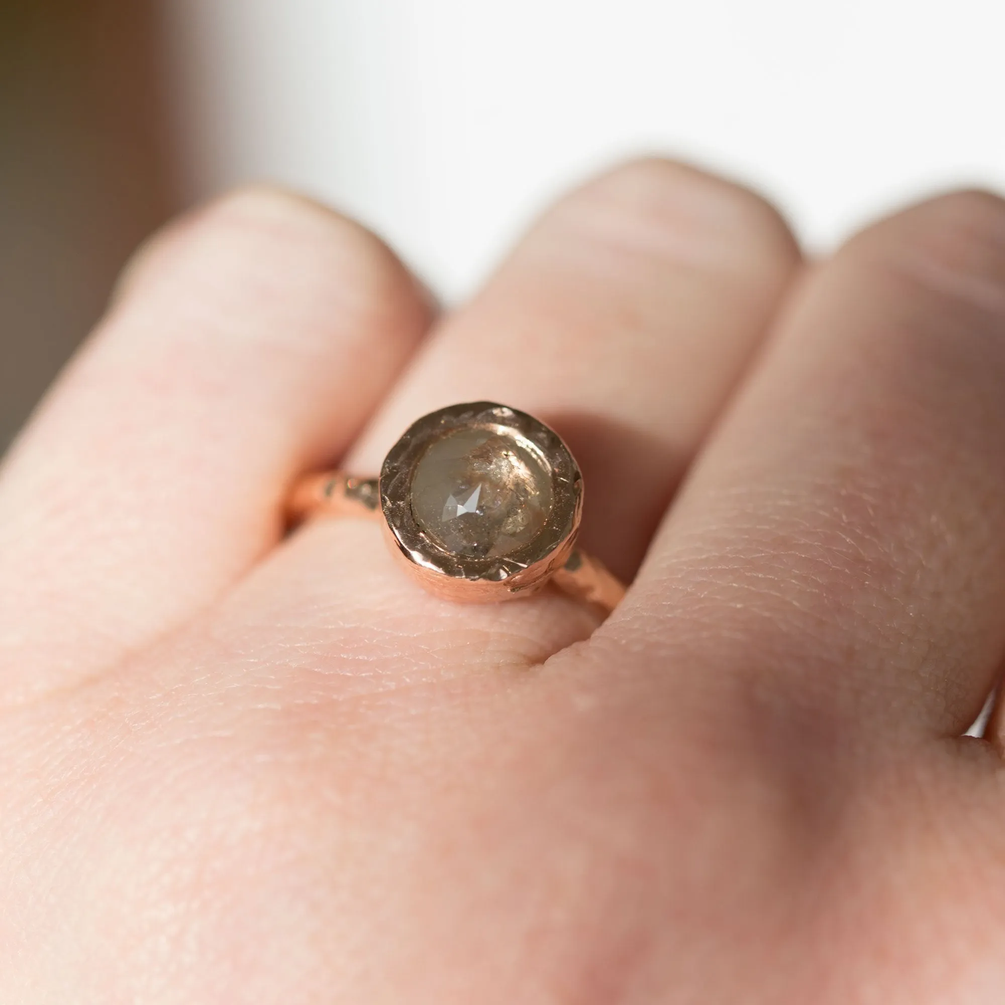 Bezel Rosecut Grey Diamond Ring in Reclaimed Rose Gold, Hand Carved – Alternative Engagement Ring