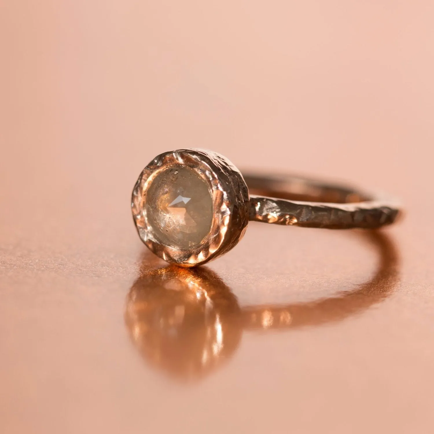 Bezel Rosecut Grey Diamond Ring in Reclaimed Rose Gold, Hand Carved – Alternative Engagement Ring