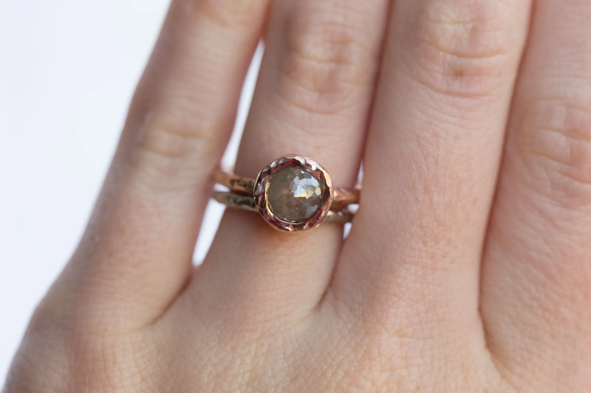 Bezel Rosecut Grey Diamond Ring in Reclaimed Rose Gold, Hand Carved – Alternative Engagement Ring