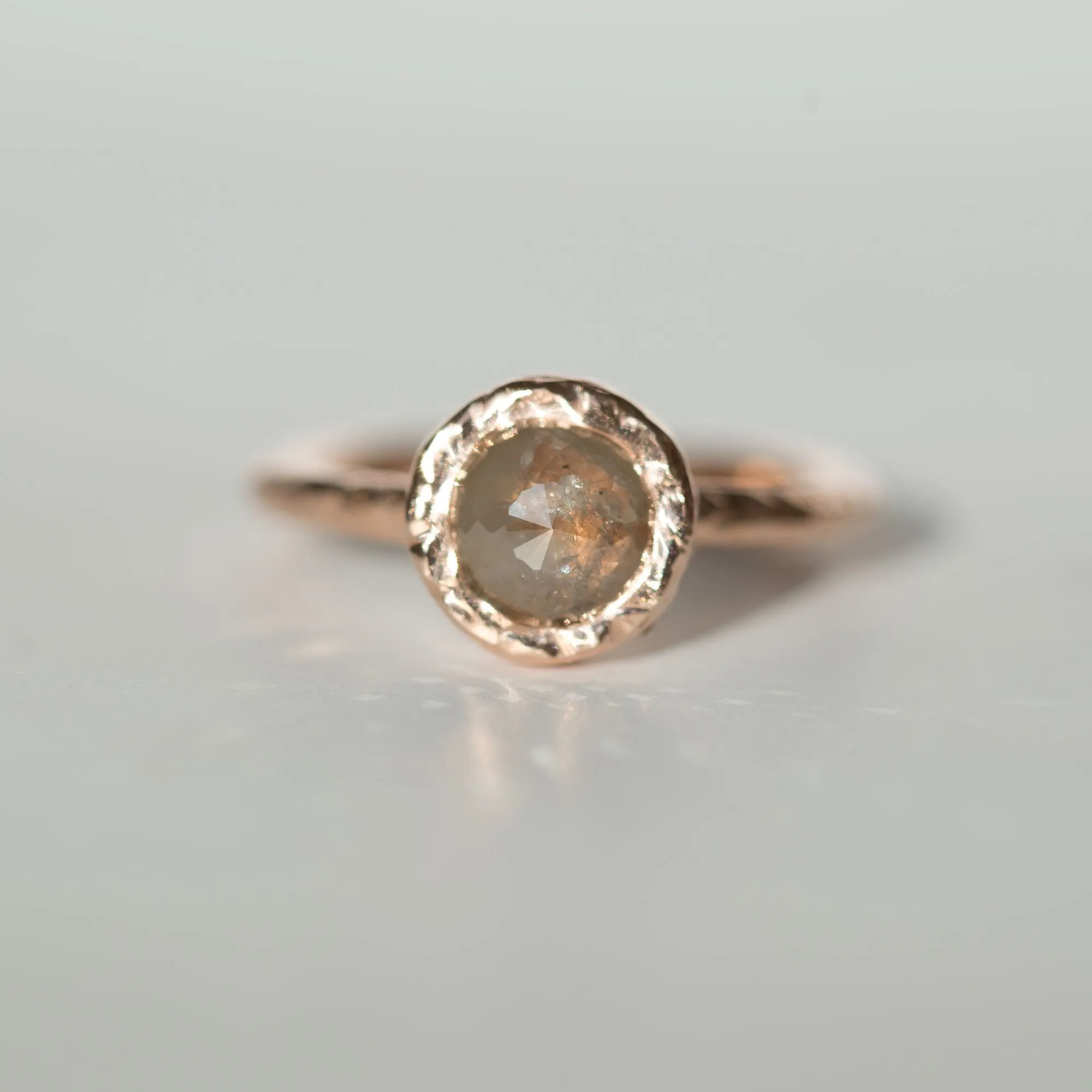 Bezel Rosecut Grey Diamond Ring in Reclaimed Rose Gold, Hand Carved – Alternative Engagement Ring