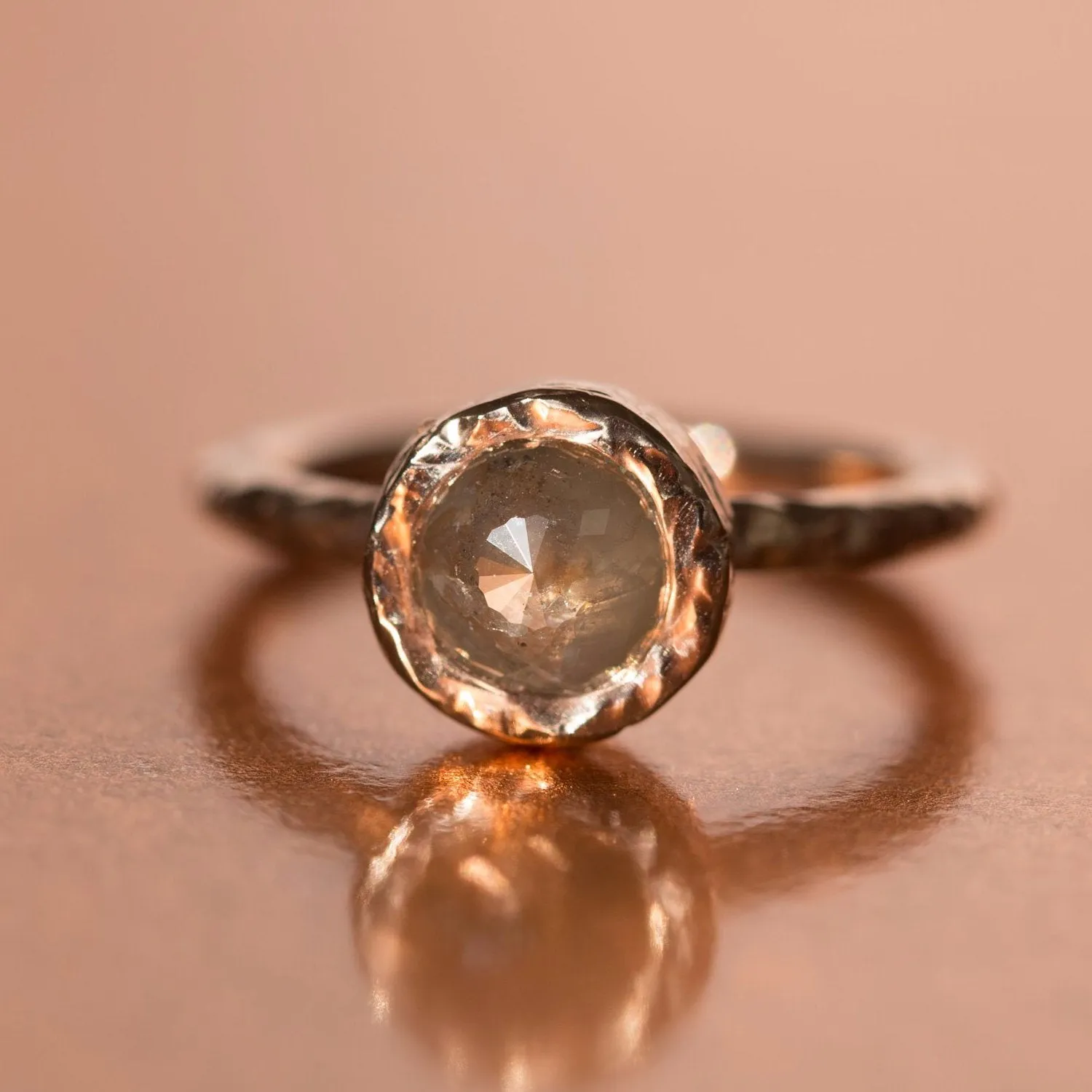 Bezel Rosecut Grey Diamond Ring in Reclaimed Rose Gold, Hand Carved – Alternative Engagement Ring