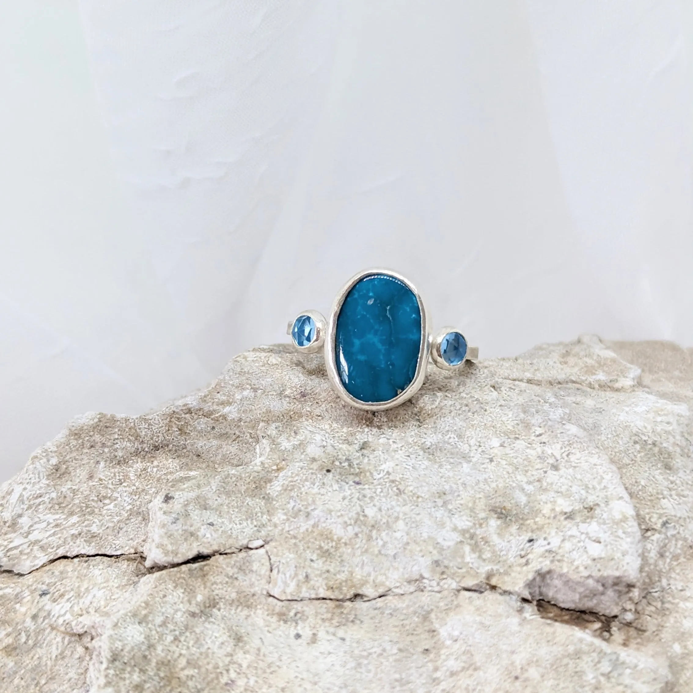 Big Turquoise and Two Swiss Blue Topaz Ring