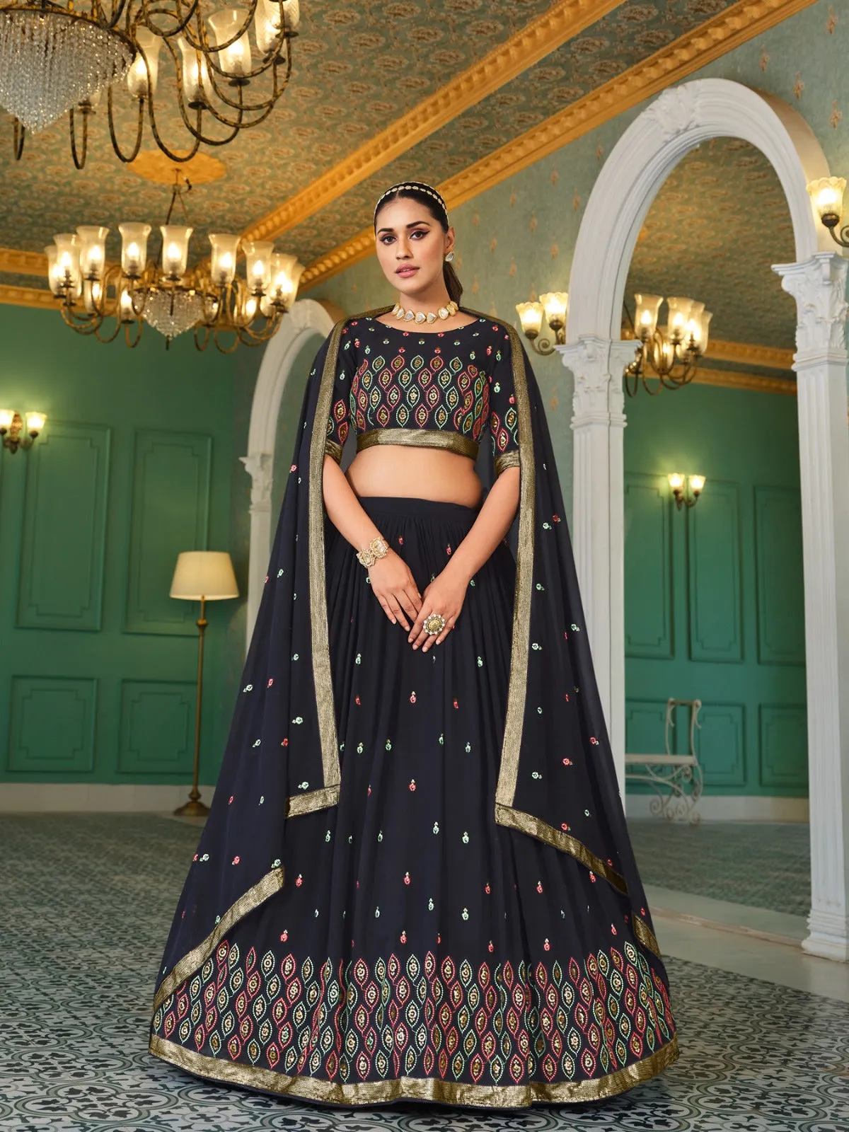 Black Embroidery And Sequin Semi Stitched Lehenga