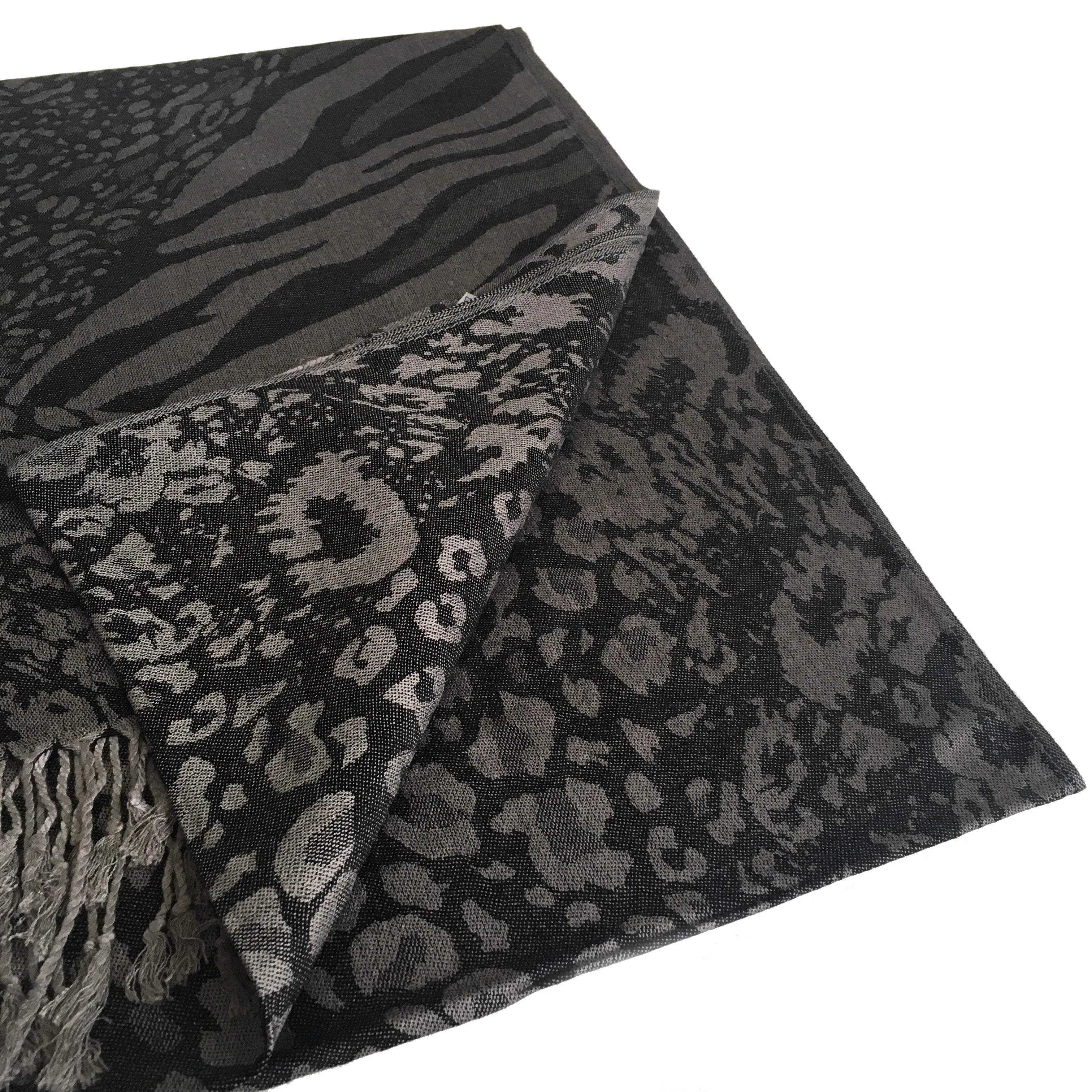 BLACK LARGE LEOPARD PRINT REVERSIBLE PASHMINA SHAWL SCARF