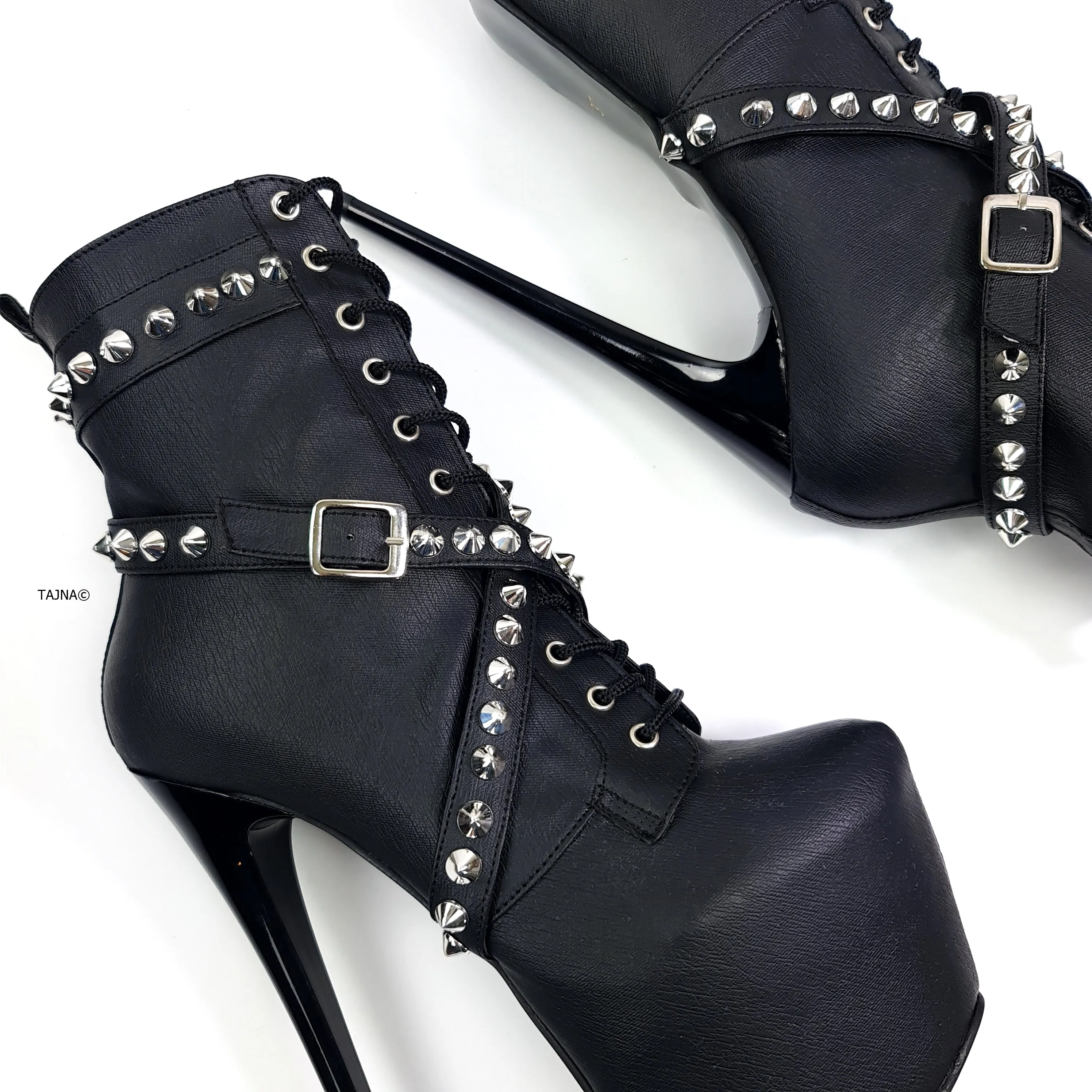 Black Matte Spike Studs High Heel Rocker Boots