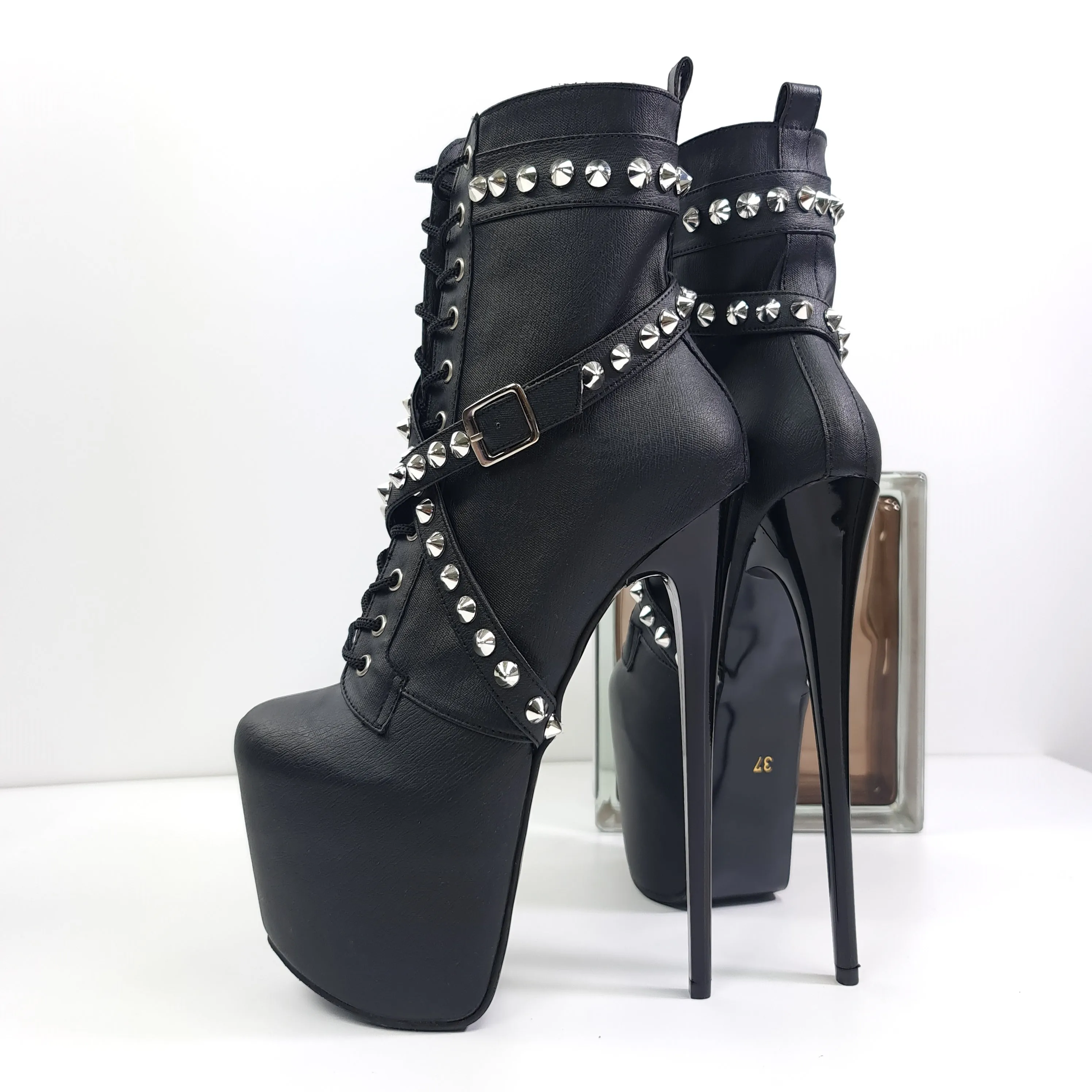 Black Matte Spike Studs High Heel Rocker Boots