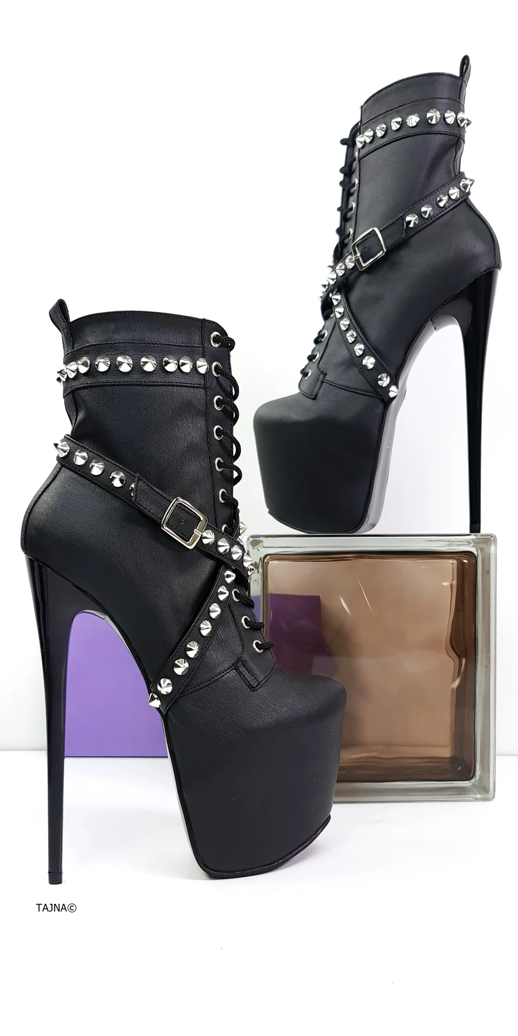 Black Matte Spike Studs High Heel Rocker Boots