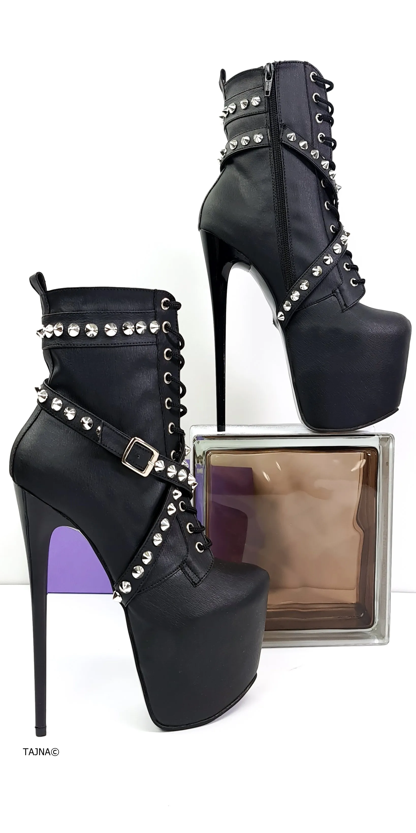 Black Matte Spike Studs High Heel Rocker Boots