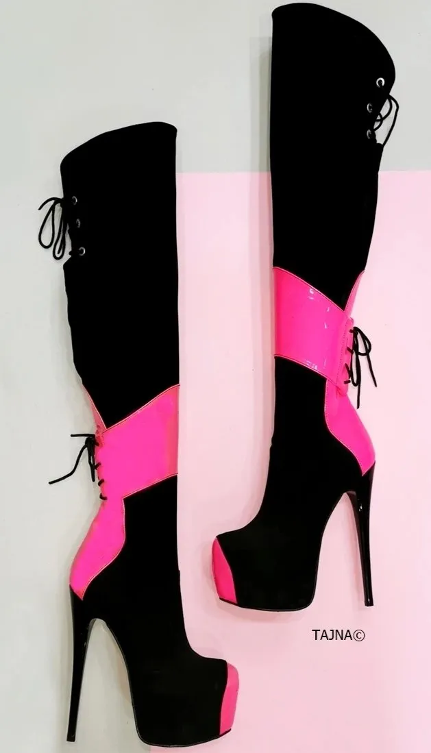 Black Neon Pink Knee High Boots