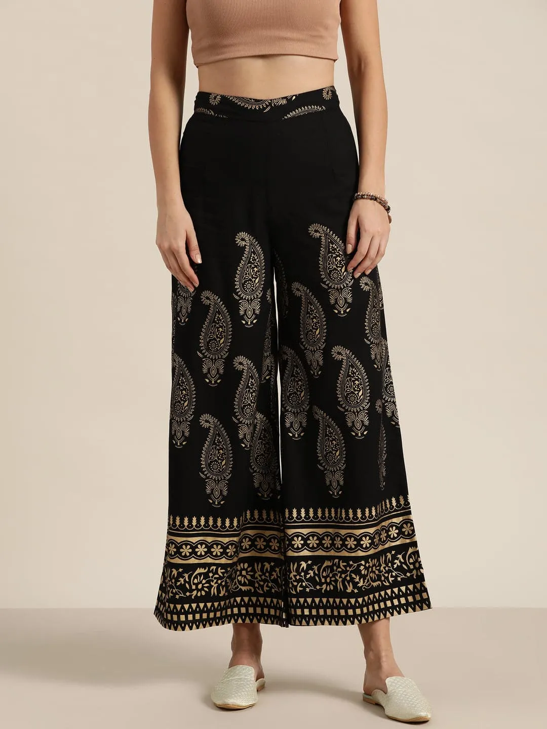 Black Paisely Foil Print Flared Palazzo