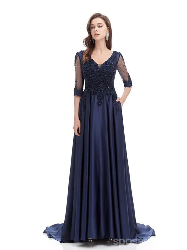 Blue A-line Half Sleeves V-neck Long Prom Dresses Online,Evening Party Dresses,12776