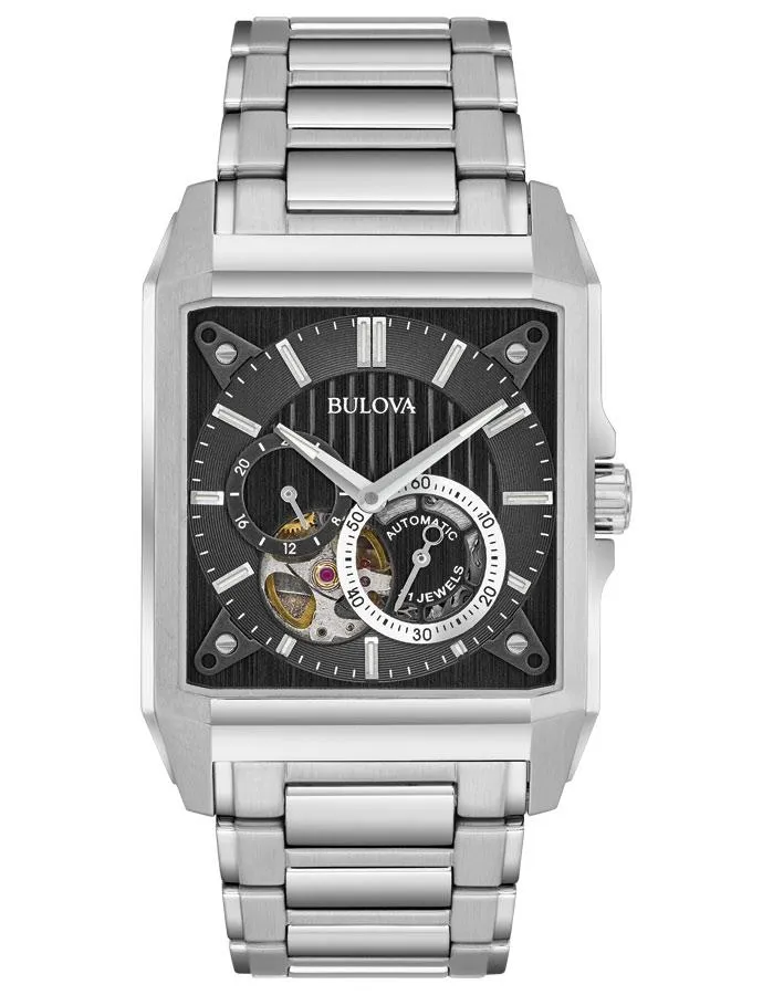 Bulova Mens Automatic Watch - Black Open Heart Dial - Stainless - Bracelet - 30m