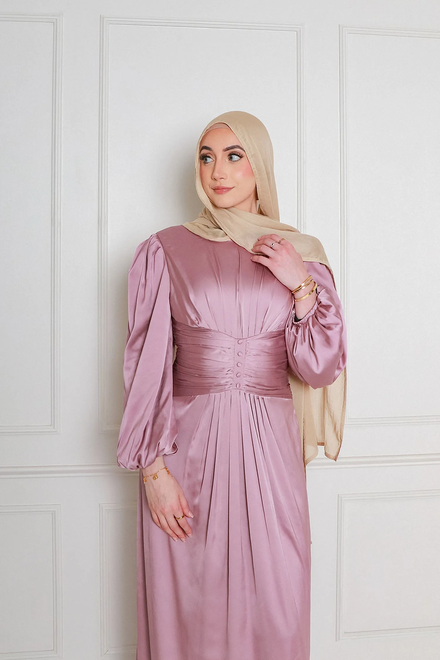 Cara Folds Satin Dress- Dusty Rose Pink