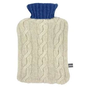 Cashmere Blend Cable Knit Hot Water Bottle Cover - Oatmeal & Denim Blue