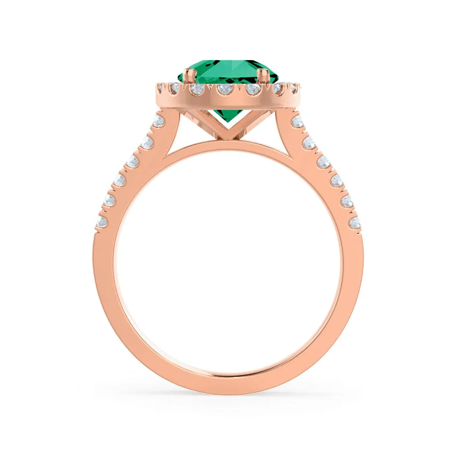 CECILY - Chatham® Lab Grown Emerald & Diamond 18k Rose Gold Halo Ring