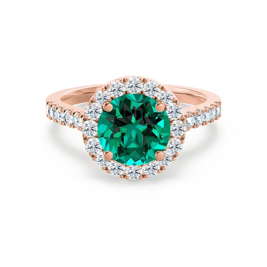 CECILY - Chatham® Lab Grown Emerald & Diamond 18k Rose Gold Halo Ring