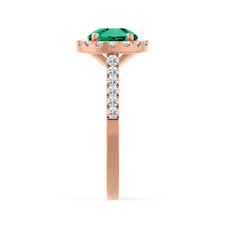 CECILY - Chatham® Lab Grown Emerald & Diamond 18k Rose Gold Halo Ring