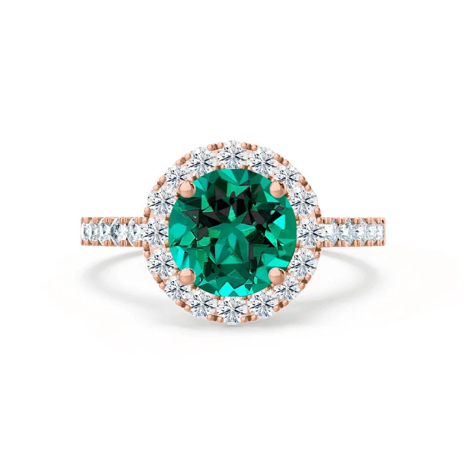 CECILY - Chatham® Lab Grown Emerald & Diamond 18k Rose Gold Halo Ring