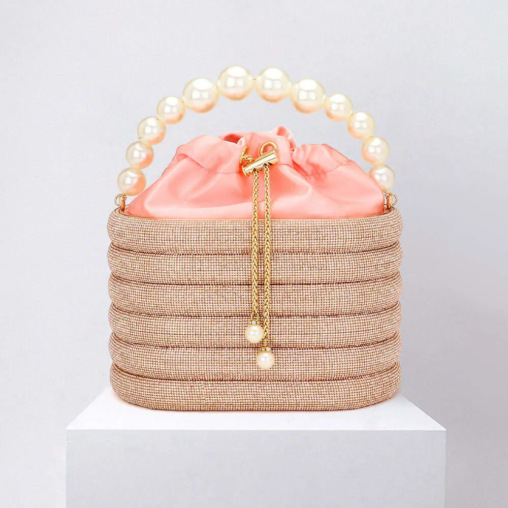 Champagne Bling Pearl Top Handle Drawstring Box Crossbody Bag