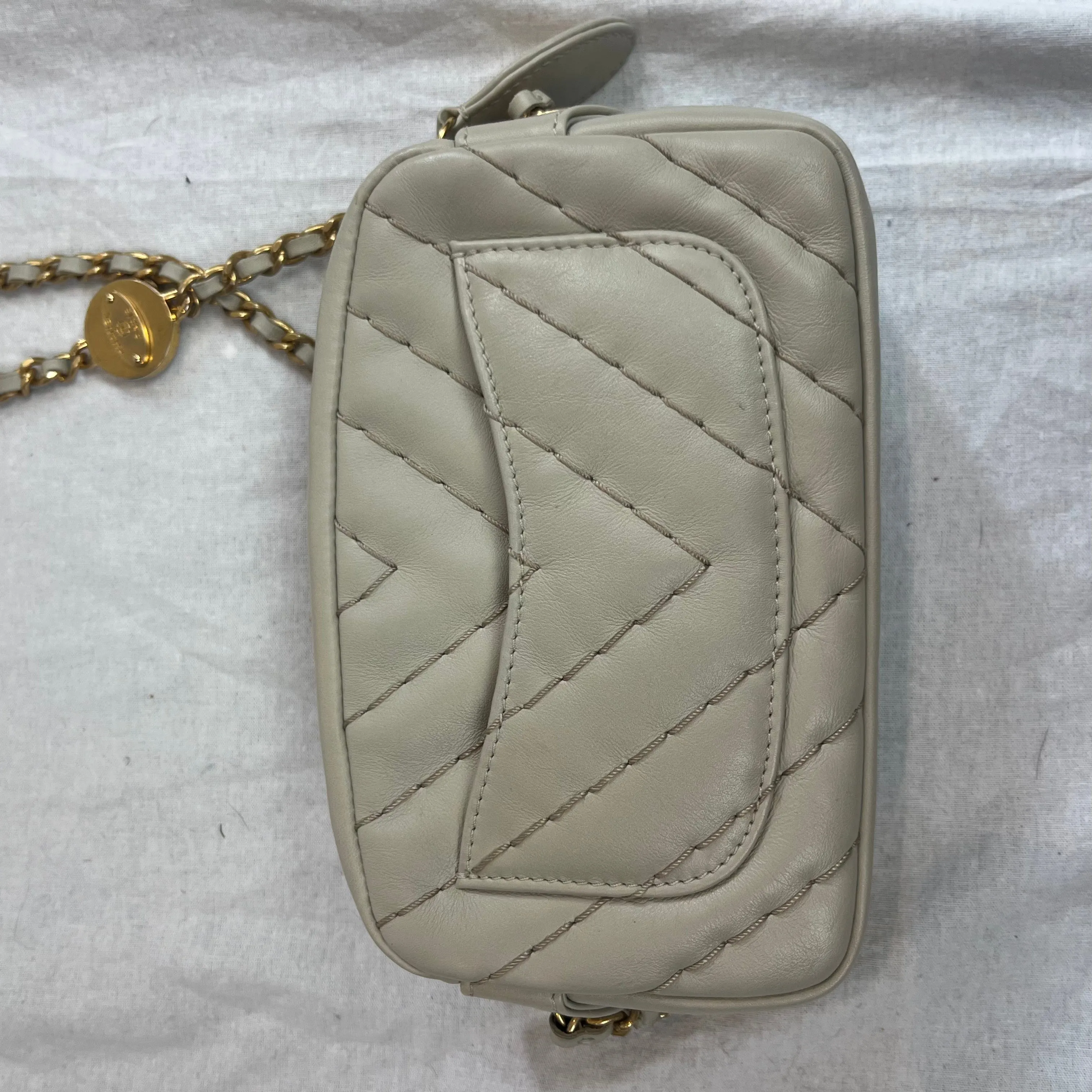 Chanel SS12 Deep Cream Topstitched Chevron Mini Shoulderbag