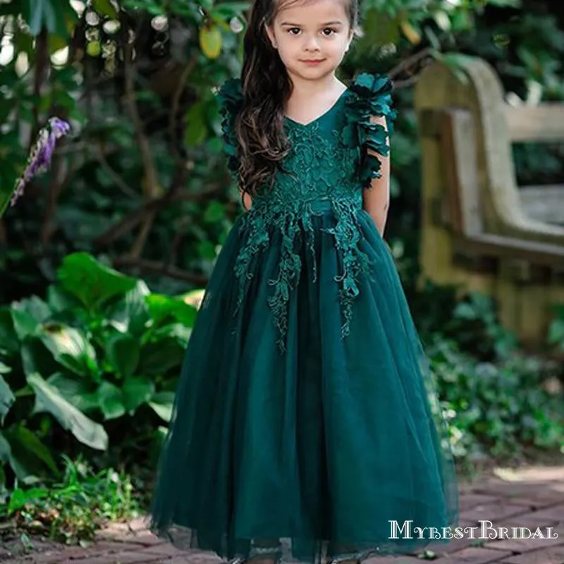 Charming V-neck Green Tulle Lace Appliqued A-line Long Cheap Flower Girl Dresses, FGS0007