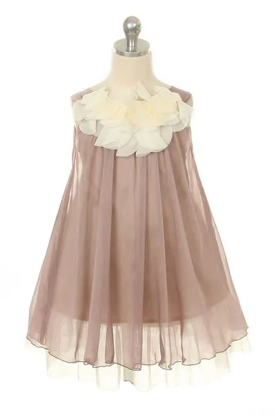 Chiffon Dress w Flower Ruffle Neckline