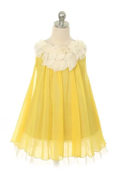 Chiffon Dress w Flower Ruffle Neckline