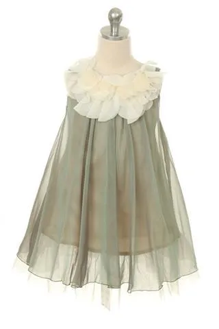 Chiffon Dress w Flower Ruffle Neckline