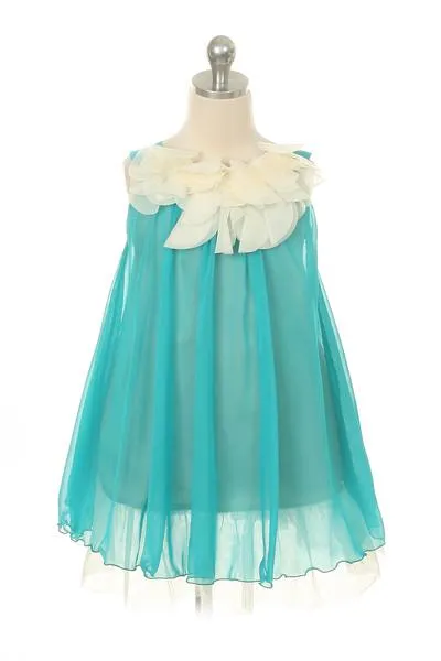 Chiffon Dress w Flower Ruffle Neckline