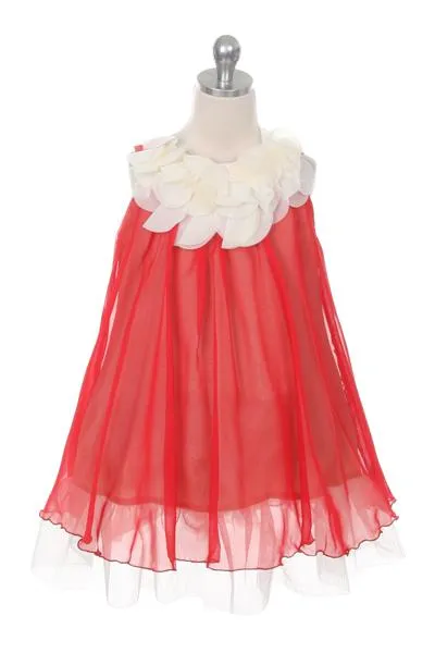 Chiffon Dress w Flower Ruffle Neckline