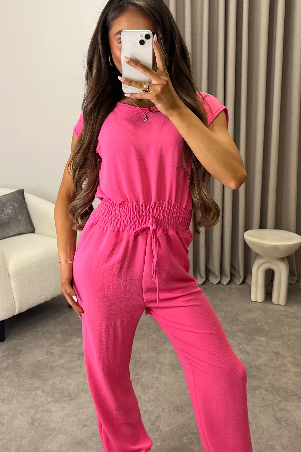 Chrisse Pink Short Sleeve Shirred Waist Jumpsuit