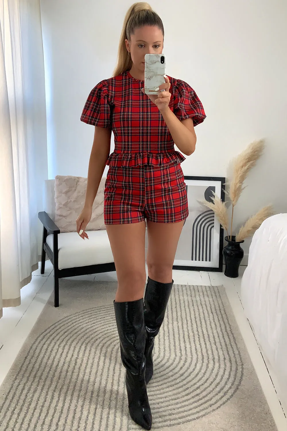 Christina Red Tartan Frill Crop Top and Shorts Co-ord Set