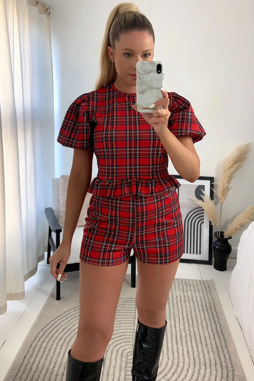 Christina Red Tartan Frill Crop Top and Shorts Co-ord Set