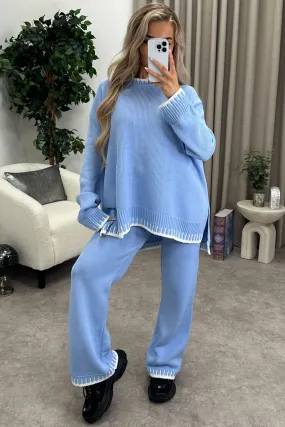 Cloe Baby Blue Contrast Trim Knitted Jumper and Wide Leg Trousers Co-Ord Set