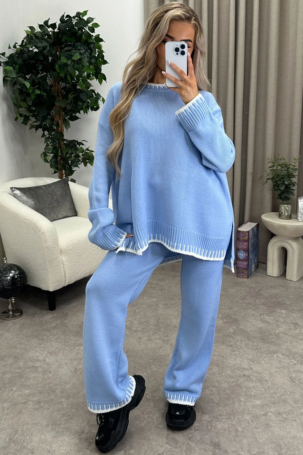 Cloe Baby Blue Contrast Trim Knitted Jumper and Wide Leg Trousers Co-Ord Set