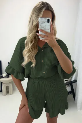 Colette Khaki Plisse Pleated Frill Hem Shirt and Shorts Co-Ord Set