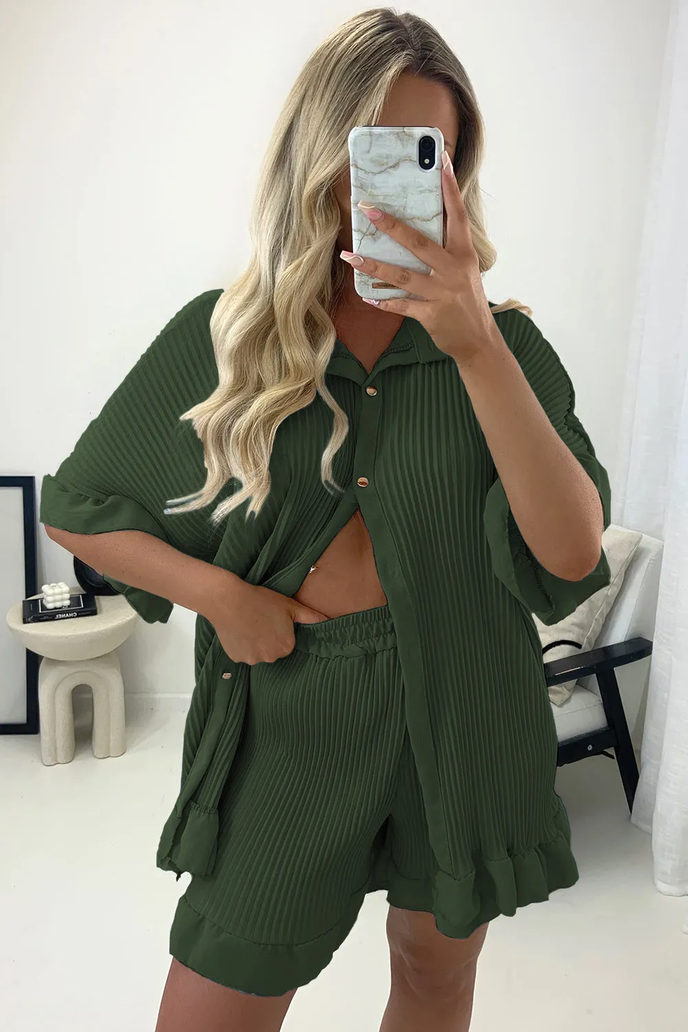 Colette Khaki Plisse Pleated Frill Hem Shirt and Shorts Co-Ord Set