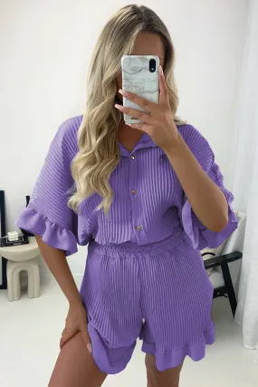 Colette Lilac Plisse Pleated Frill Hem Shirt and Shorts Co-Ord Set