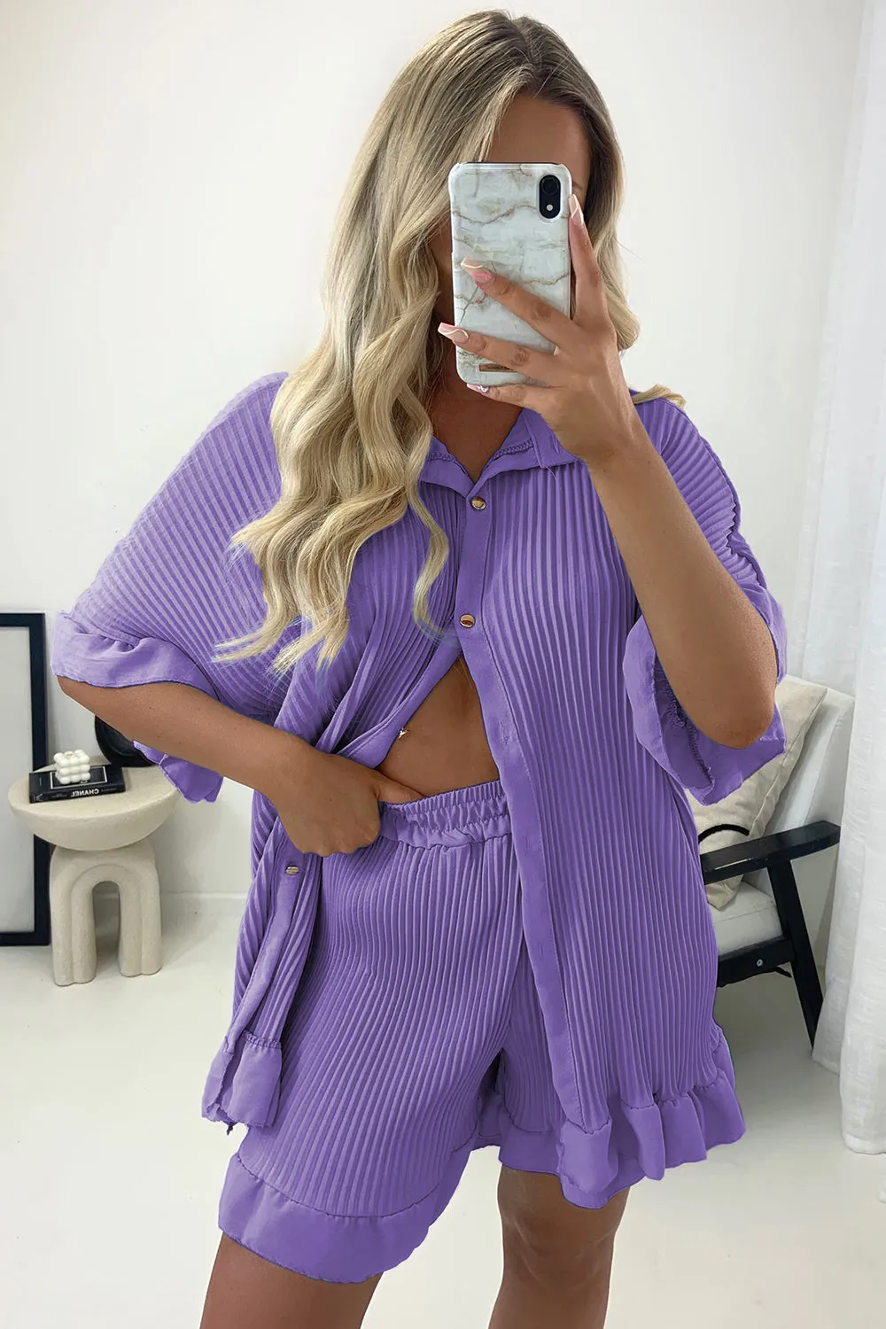 Colette Lilac Plisse Pleated Frill Hem Shirt and Shorts Co-Ord Set