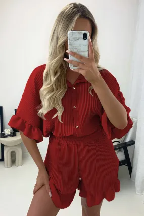 Colette Red Plisse Pleated Frill Hem Shirt and Shorts Co-Ord Set