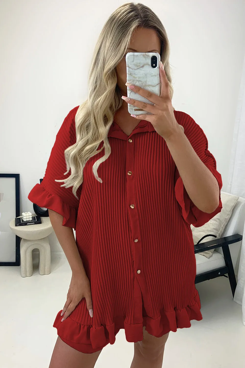 Colette Red Plisse Pleated Frill Hem Shirt and Shorts Co-Ord Set