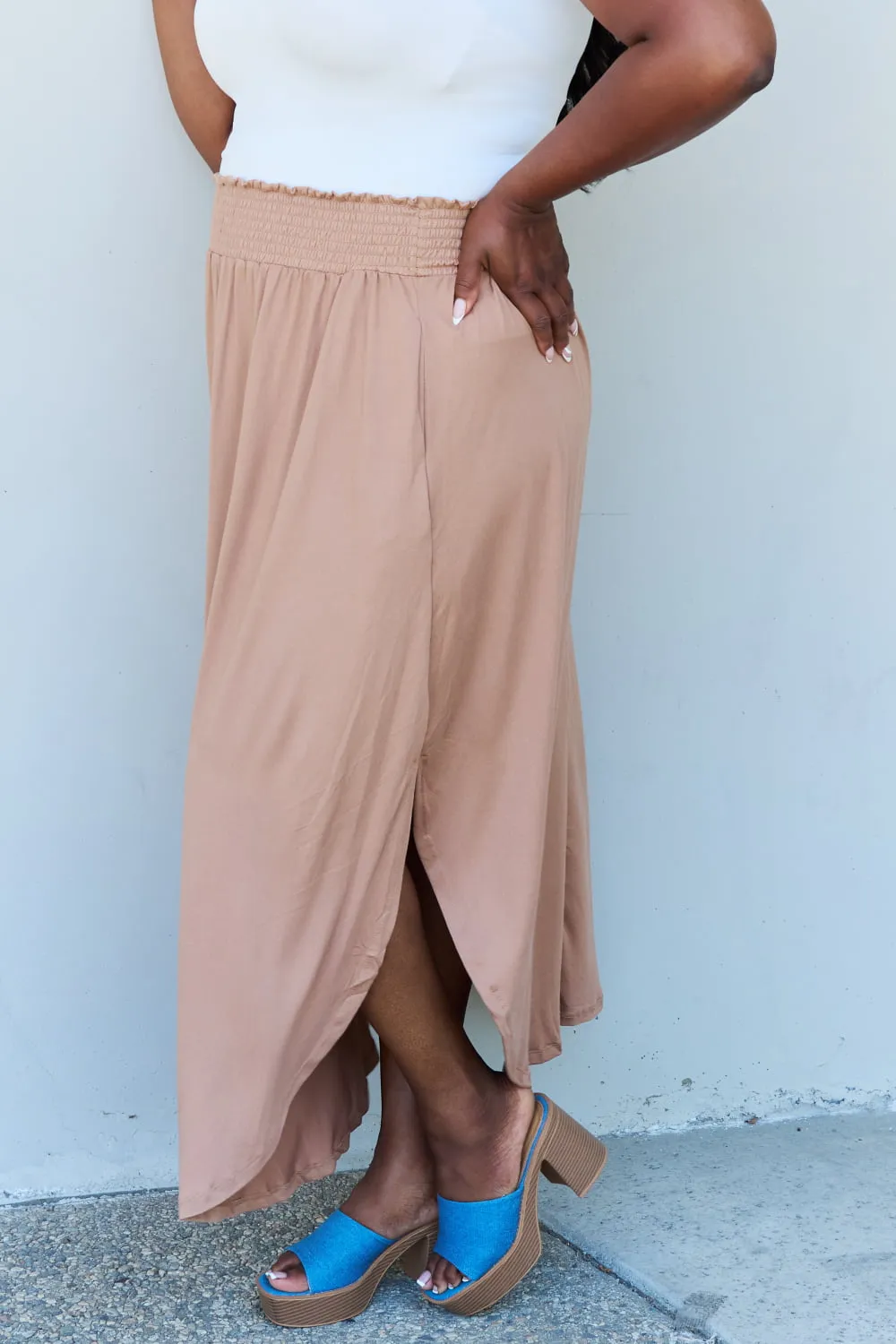 Comfort Princess Full Size High Waist Scoop Hem Maxi Skirt in Tan