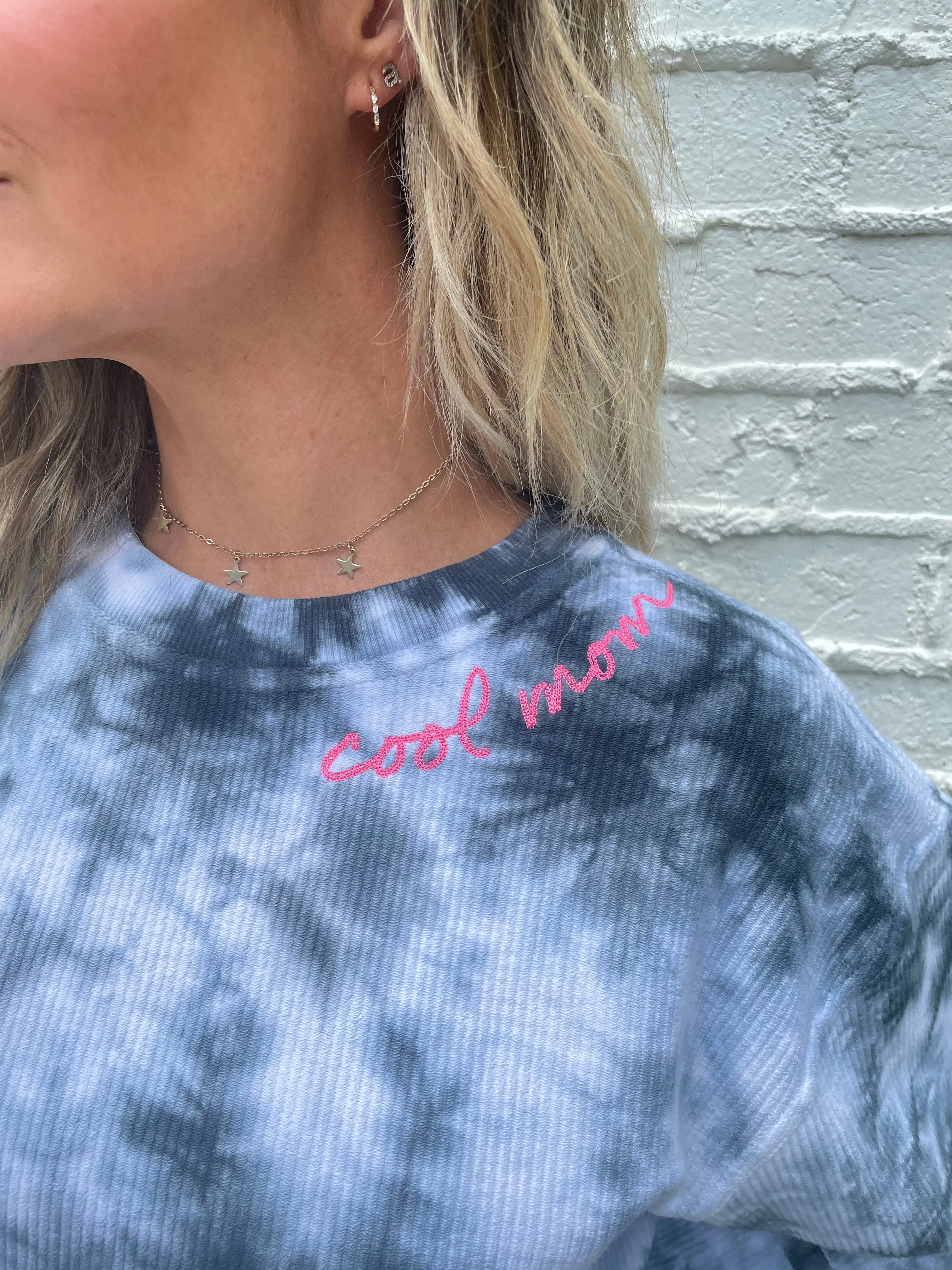 COOL MOM® Embroidered Corded Pullover - Tie Dye with Neon Pink