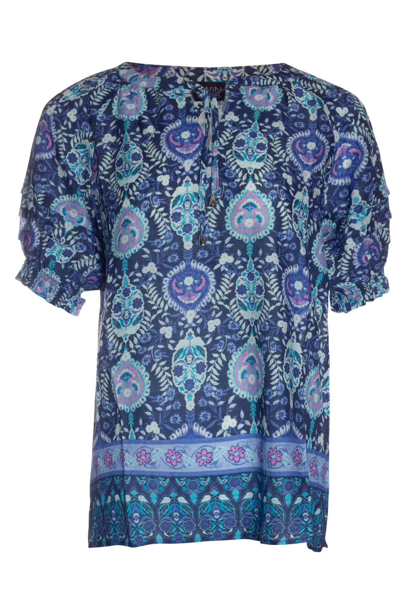 Cotton Blend Top with tie front | Purple Aqua Mosaic | 6548AR