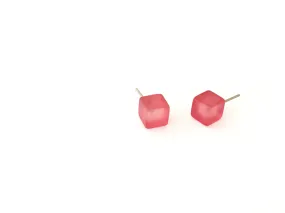 Cranberry Pink Mini Frosted Cube Stud Earrings